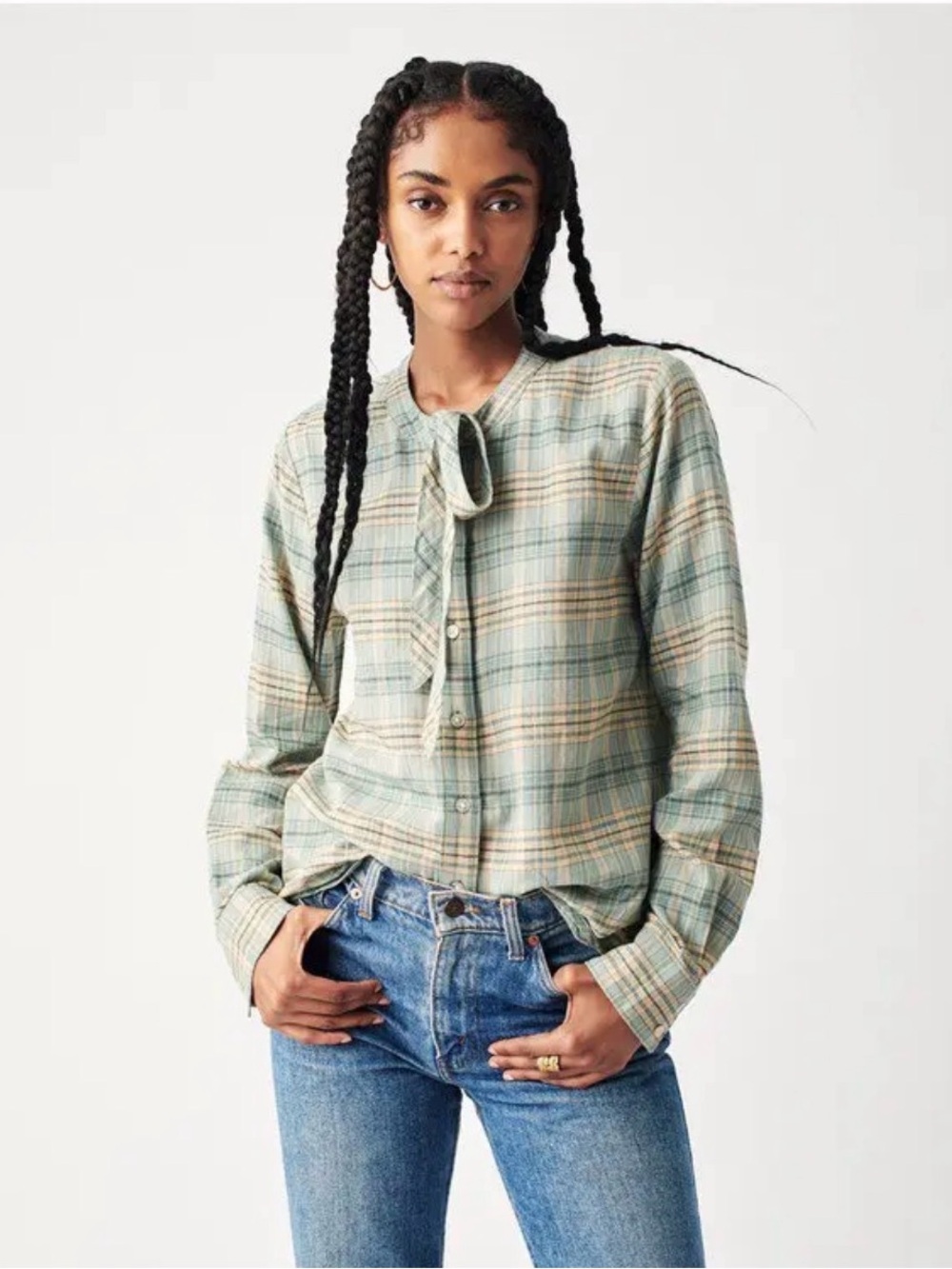 Faherty Sage Plaid Daphne Tie Neck Button Down Blouse 100% Organic Cotton Fall